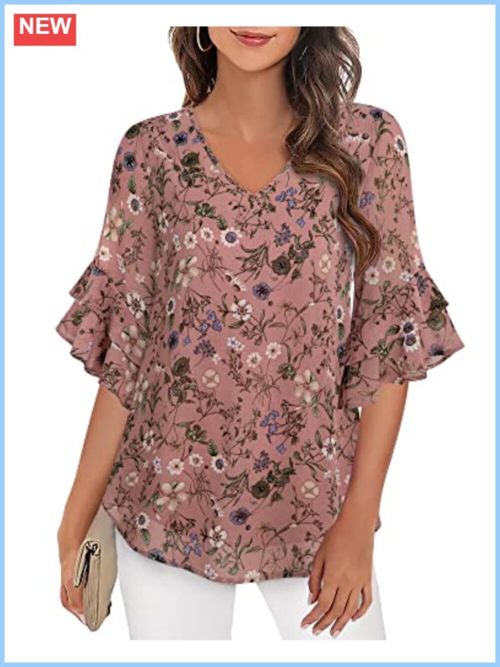 Womens 3/4 Sleeve V Neck Blouse Ruffle Collar Business Casual Top
